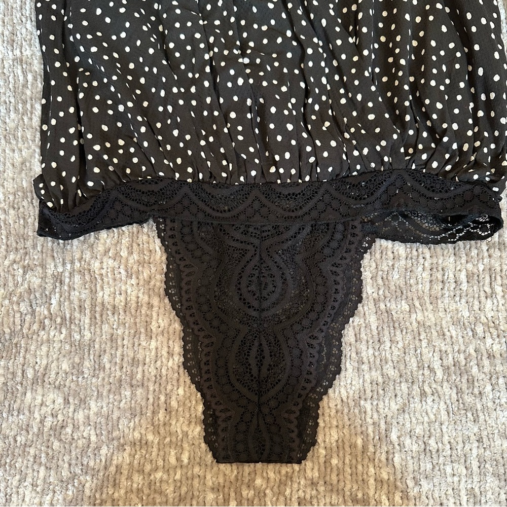 Free People Makin Waves Black Polka Dot Wrap Bell Sleeve Bodysuit - Picture 7 of 12